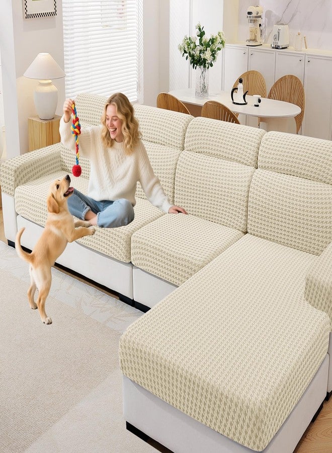 MAXIJIN Couch Cushion Covers for Sectional Sofa, Stretch Sofa Cushion Cover Washable Furniture Protector with Elastic Bottom & Non-Slip Strap for Pets Kids (1PC Seat Cover, Beige) - Image 1